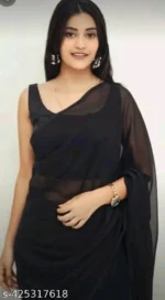 JILUDI Georgette Solid Regular Saree With Unstitched Blouse Piece ( Black ) - Image 3