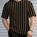 KAJARU Men Polyester Regular Fit Striped T-Shirt ( Brown )