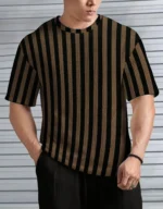KAJARU Men Polyester Regular Fit Striped T-Shirt ( Brown )