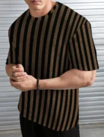 KAJARU Men Polyester Regular Fit Striped T-Shirt ( Brown ) - Image 2
