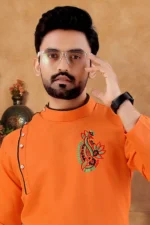Orange Cotton Blend Regular Fit Men's Kurta Pyjama Set ( Pack of 1 ) - Image 2