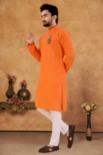 Orange Cotton Blend Regular Fit Men's Kurta Pyjama Set ( Pack of 1 ) - Image 3