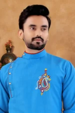 Sky Blue Cotton Blend Regular Fit Men's Kurta Pyjama Set ( Pack of 1 ) - Image 2