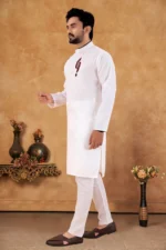 White Cotton Blend Regular Fit Men's Kurta Pyjama Set ( Pack of 1 ) - Image 3