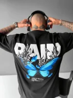 LEWEL Cotton Blend Oversized Fit Printed 3/4th Sleeves Men's Round T-Shirt - Black ( Pack of 1 )