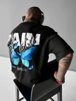 LEWEL Cotton Blend Oversized Fit Printed 3/4th Sleeves Men's Round T-Shirt - Black ( Pack of 1 ) - Image 2