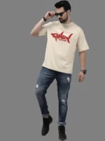 Leotude Men Cotton Blend Oversized Fit Printed T-Shirt ( Beige ) - Image 4
