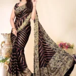 Magneitta Chiffon Printed Saree With Unstitched Blouse Piece ( Brown )