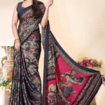 Magneitta Chiffon Printed Saree With Unstitched Blouse Piece ( Black )