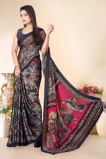 Magneitta Chiffon Printed Saree With Unstitched Blouse Piece ( Black )