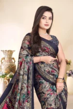 Magneitta Chiffon Printed Saree With Unstitched Blouse Piece ( Black ) - Image 3