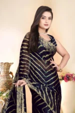 Magneitta Chiffon Printed Saree With Unstitched Blouse Piece ( Black )