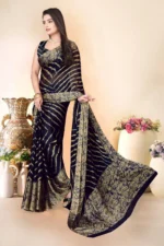 Magneitta Chiffon Printed Saree With Unstitched Blouse Piece ( Black ) - Image 3