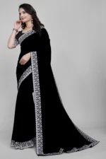 OM SAI CREATION Georgette Solid Baluchari Saree With Unstitched Blouse Piece ( Black ) - Image 3