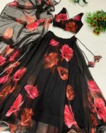 PuriMaa Black Organza Circular Semi Stitched Lehenga