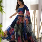 PuriMaa Blue Organza Circular Semi Stitched Lehenga