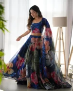 PuriMaa Blue Organza Circular Semi Stitched Lehenga