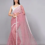 SIMRISH Net Embellished Saree With Unstitched Blouse Piece ( Pink )
