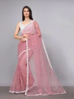 SIMRISH Net Embellished Saree With Unstitched Blouse Piece ( Pink )