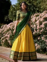 Trijal Fab Yellow Kanchipuram Circular Semi Stitched Lehenga Single - Image 3