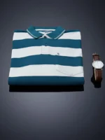 UNIBERRY Men Cotton Blend Regular Fit Striped Polo T Shirt ( Teal Blue )
