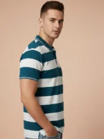 UNIBERRY Men Cotton Blend Regular Fit Striped Polo T Shirt ( Teal Blue ) - Image 3
