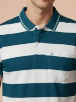 UNIBERRY Men Cotton Blend Regular Fit Striped Polo T Shirt ( Teal Blue ) - Image 4