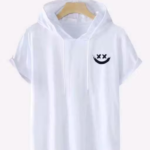 Soft Fabric Half Sleeve Polyester Tshirt For Men With Hood For Summers| Trending Casual Tshirts For Men With Hood | White Printed Round Neck Mens Tshirt With Siliey T Design |Best Quality Men Hood.