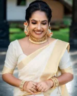 VIKAS FABRIC Linen Solid Kasavu Saree With Unstitched Blouse Piece ( White ) - Image 2