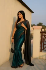 VRAGI Lycra Solid Regular Saree With Unstitched Blouse Piece ( Green ) - Image 3