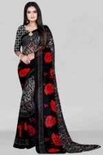 Vibhagyaa Georgette Printed Saree With Unstitched Blouse Piece ( Black ) - Image 2