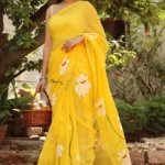 Winklecart Cotton Blend Printed Chanderi saree With Unstitched Blouse Piece ( Yellow )