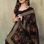 Yashika Georgette Printed Saree With Unstitched Blouse Piece ( Black )