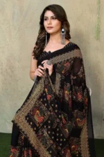 Yashika Georgette Printed Saree With Unstitched Blouse Piece ( Black )