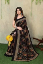 Yashika Georgette Printed Saree With Unstitched Blouse Piece ( Black ) - Image 2