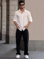 color bucket Cotton Blend Regular Fit Popcorn Textured Full Sleeves Men's Casual Shirt - White ( Pack of 1 ) - Image 4