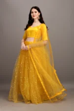 color bucket Yellow Net Circular Semi Stitched Lehenga Single