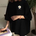 Women Cotton Printed Oversized Fit Round Neck T-Shirt ( Black )