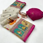 kiyan enterprise Linen Woven Regular Saree With Unstitched Blouse Piece ( Beige )