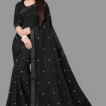 vanraj Net Self Design Saree With Unstitched Blouse Piece ( Black )