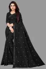 vanraj Net Self Design Saree With Unstitched Blouse Piece ( Black )